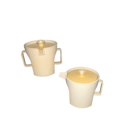VINTAGE TUPPERWARE CREAMER #1414-5 & SUGAR #1415-6, BEIGE W/HARVEST GOLD LIDS! - Picture 9 of 9